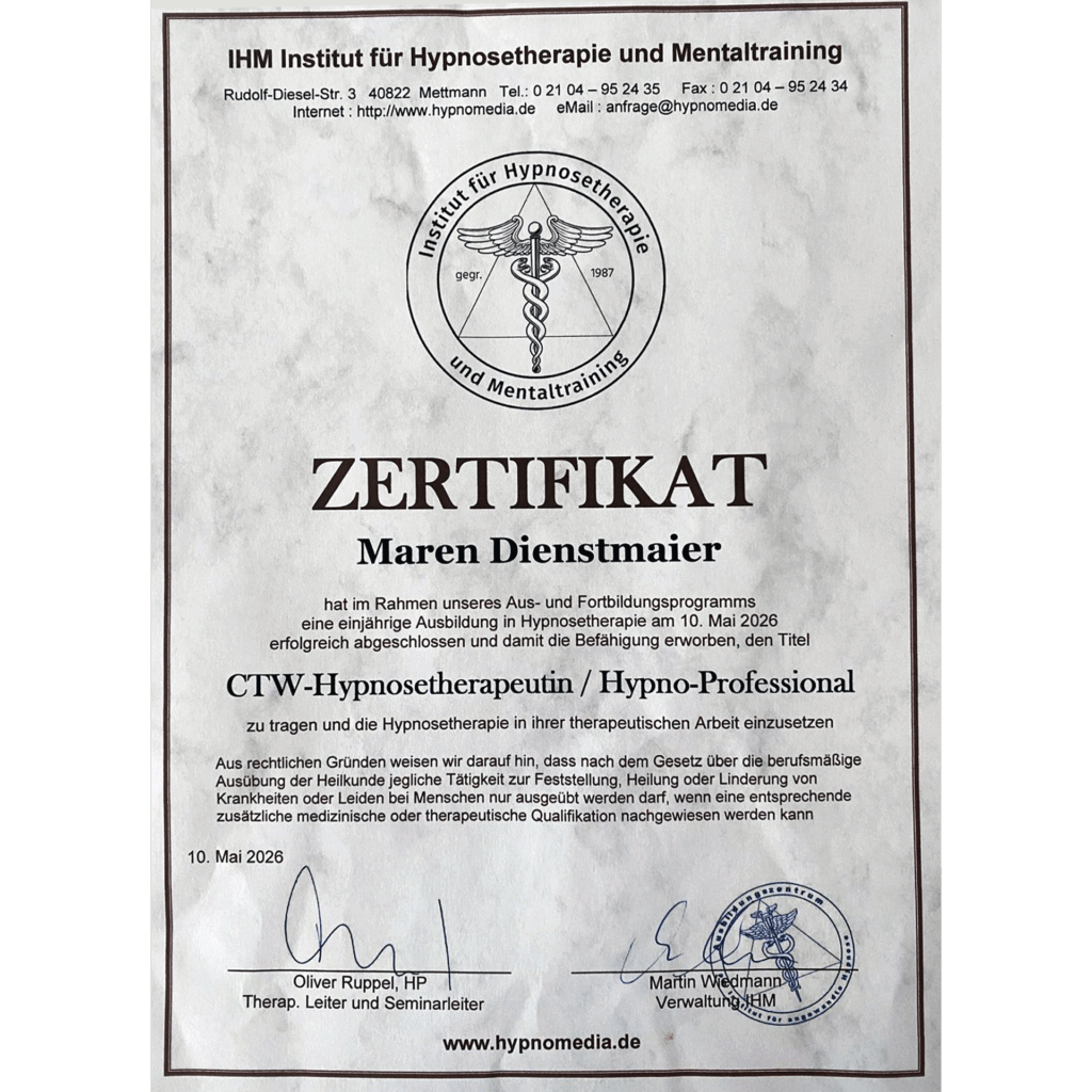 Bild der Zertifikation von Maren Dienstmaier zur CTW-Hypnosetherapeutin